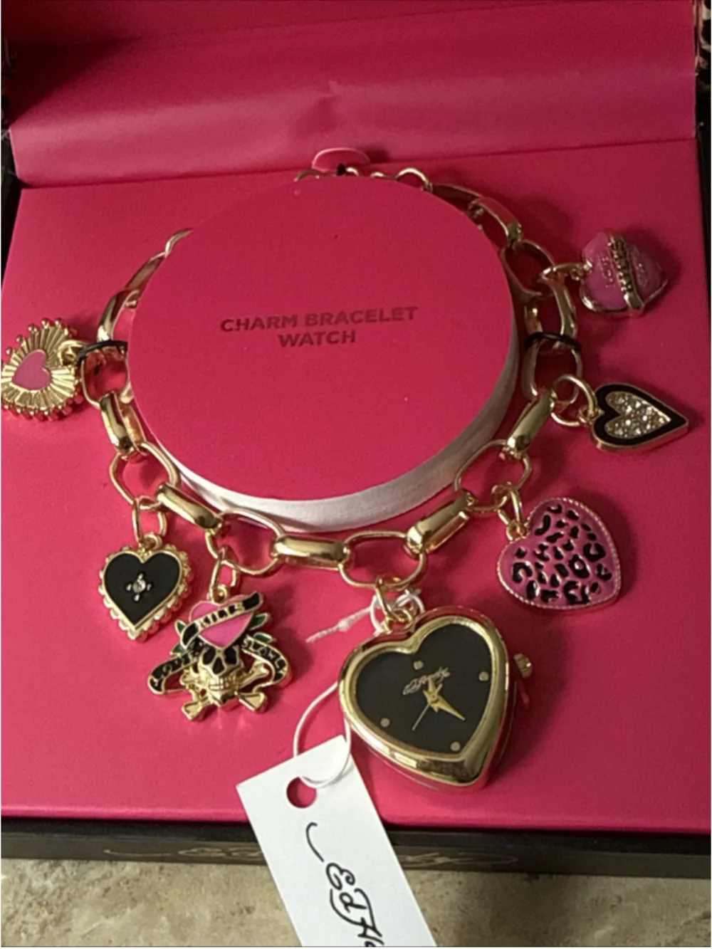 Ed Hardy Y2K Charm Bracelet Watch Heart Skull Love Animal Gold Tone Links NWT
